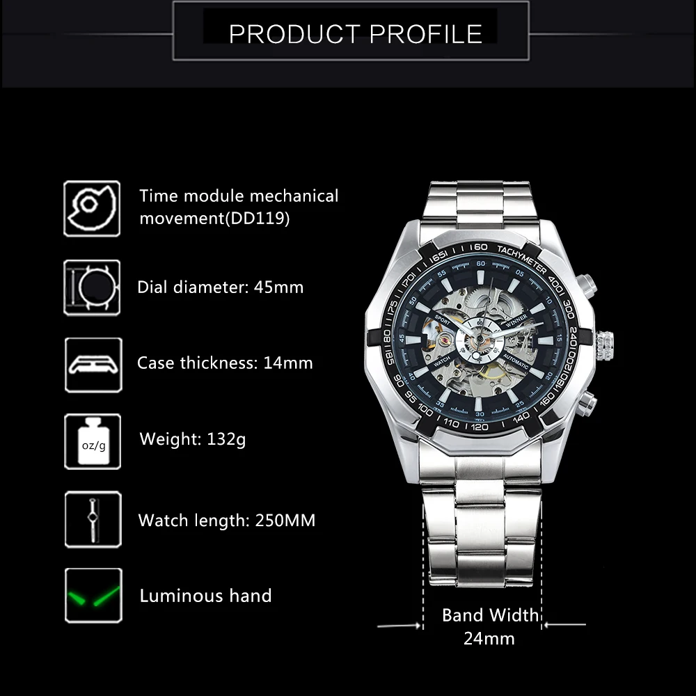 WINNER Classic Skeleton Watch for Men Luminous Hands Mechanical Watches Stainless Steel Strap Luxury Brand Forsining Wristwatch - Image 13