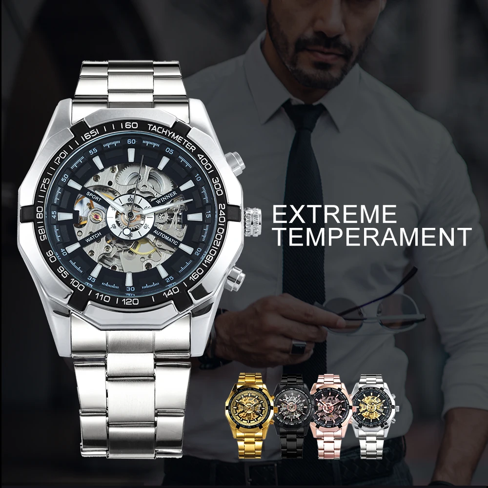 WINNER Classic Skeleton Watch for Men Luminous Hands Mechanical Watches Stainless Steel Strap Luxury Brand Forsining Wristwatch - Image 12
