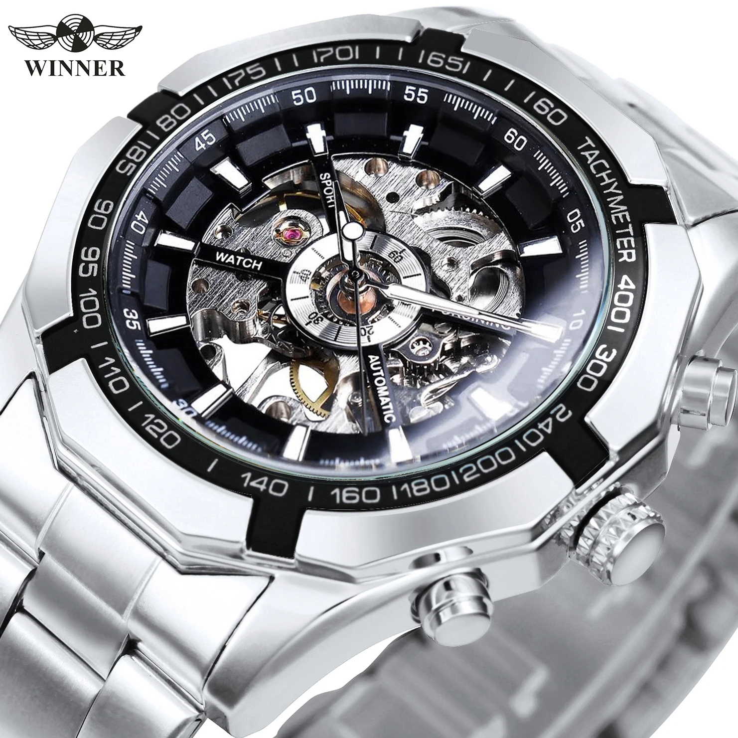 WINNER Classic Skeleton Watch for Men Luminous Hands Mechanical Watches Stainless Steel Strap Luxury Brand Forsining Wristwatch - Image 2
